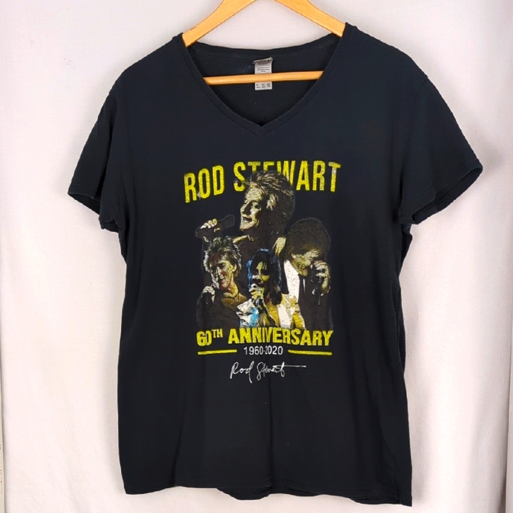 ROD STEWART Women's Black V-Neck 60th Anniversary T-Shirt XL